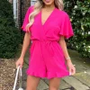 Pink Butterfly Sleeve Wrap Top Tie Waist Playsuit