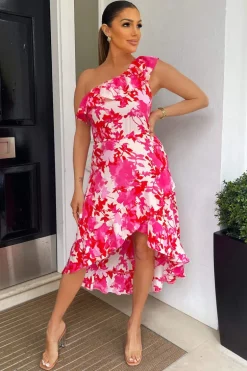 Pink Floral One Shoulder Frill Detail Dipped Hem Dress