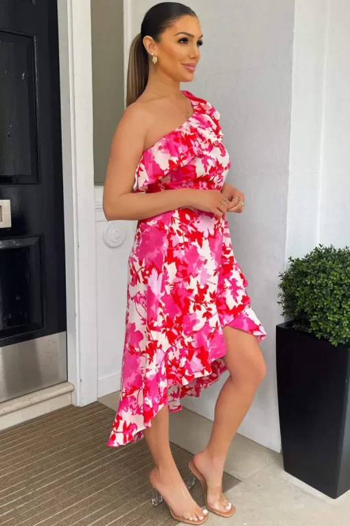 Pink Floral One Shoulder Frill Detail Dipped Hem Dress