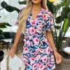 Pink Floral Print Flutter Sleeve Gathered Side Mini Dress