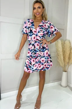 Pink Floral Print Flutter Sleeve Gathered Side Mini Dress