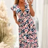 Pink Floral Print Short Sleeve Belted Wrap Midi Dress