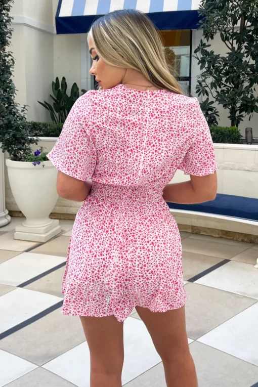 Pink Floral Printed Tie Front Playsuit