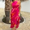 Pink Smudge Print Racer Neck High Low Frill Hem Midi Dress