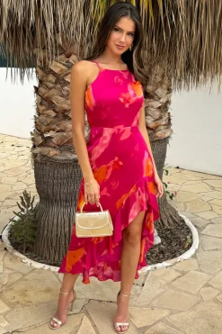 Pink Smudge Print Racer Neck High Low Frill Hem Midi Dress