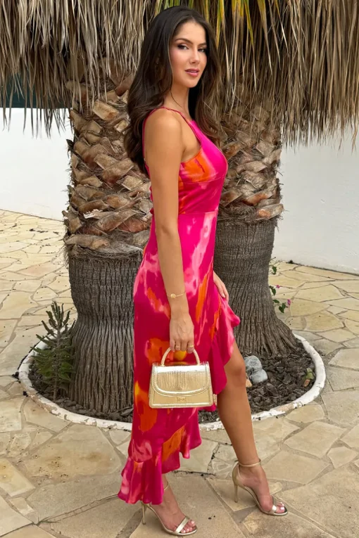 Pink Smudge Print Racer Neck High Low Frill Hem Midi Dress