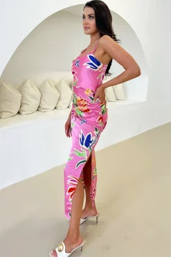 Pink Tropical Print  Cowl Neck Ruched Side Strappy Midi Dress