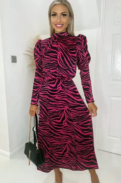 Pink Zebra Print Long Puff Sleeve Midi Dress