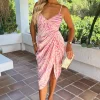 Pink Zebra Print Strappy Wrap Top Gathered Skirt Midi Dress