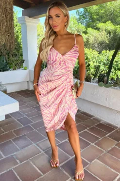 Pink Zebra Print Strappy Wrap Top Gathered Skirt Midi Dress