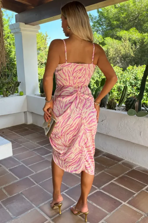 Pink Zebra Print Strappy Wrap Top Gathered Skirt Midi Dress