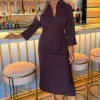 Plum 3/4 Sleeves Gathered Waist Shirt Midi Dress