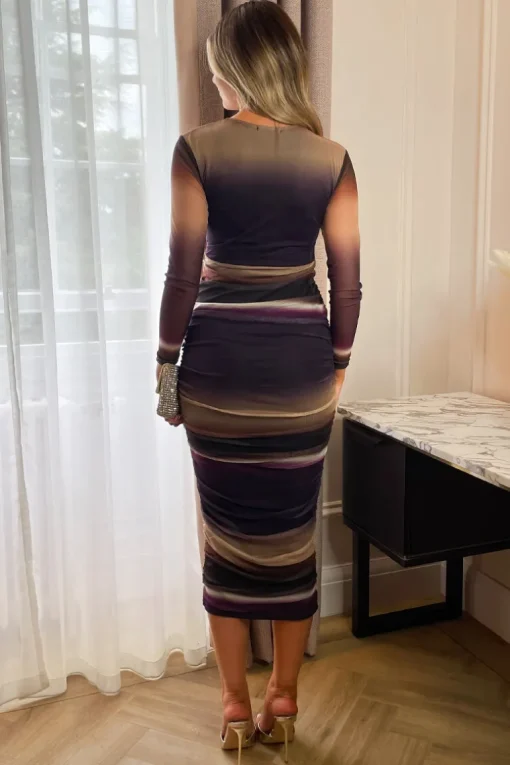 Plum Abstract Print Mesh Long Sleeve Bodycon Midi Dress