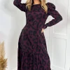 Plum And Black Animal Print Long Sleeve Midi Smock Dress