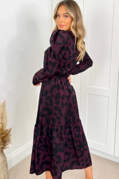 Plum And Black Animal Print Long Sleeve Midi Smock Dress