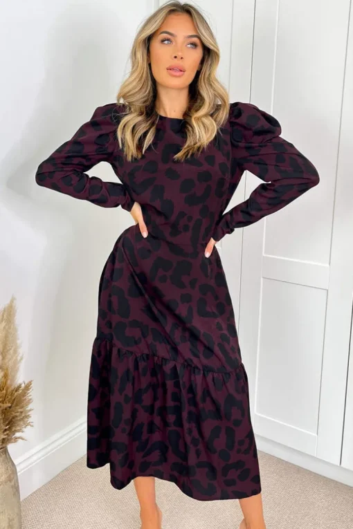 Plum And Black Animal Print Long Sleeve Midi Smock Dress
