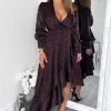 Plum Animal Print Long Sleeve Wrap Over Frill Hem Midi Dress