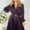 Plum Animal Print Long Sleeve Belted Skater Dress