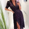 Plum Animal Print Pleated Sleeve Midi Dress