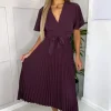 Plum Belted Pleated Skirt Midi Dress