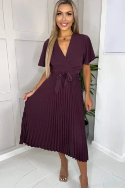 Plum Belted Pleated Skirt Midi Dress