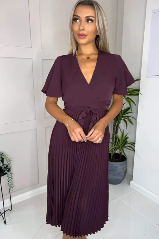 Plum Belted Pleated Skirt Midi Dress