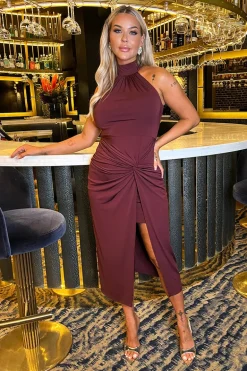 Plum Halter Neck Knot Skirt Midi Dress