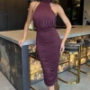 Plum Halter Neck Ruched Bodycon Midi Dress