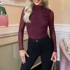 Plum High Neck Long Sleeve Ruched Mesh Bodysuit