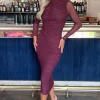Plum High Neck Long Sleeve Ruched Bodycon Mesh Midi Dress