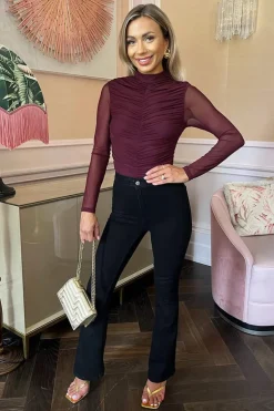 Plum High Neck Long Sleeve Ruched Mesh Bodysuit