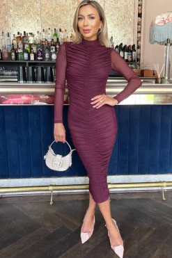 Plum High Neck Long Sleeve Ruched Bodycon Mesh Midi Dress