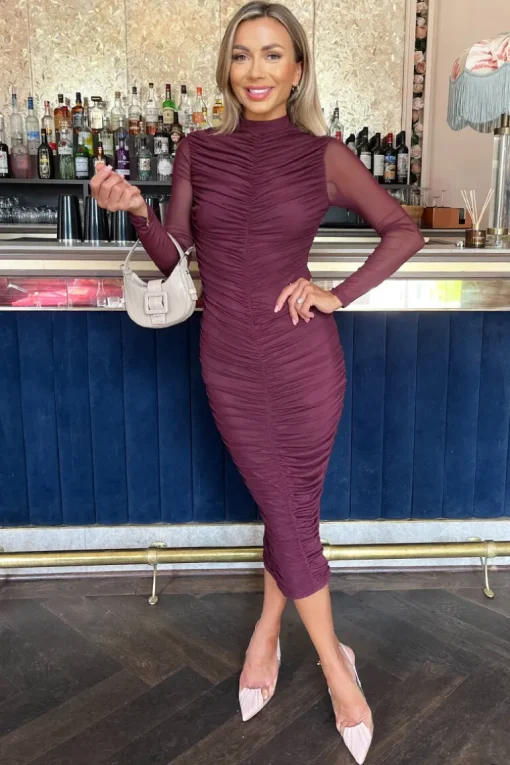 Plum High Neck Long Sleeve Ruched Bodycon Mesh Midi Dress