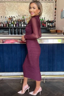 Plum High Neck Long Sleeve Ruched Bodycon Mesh Midi Dress