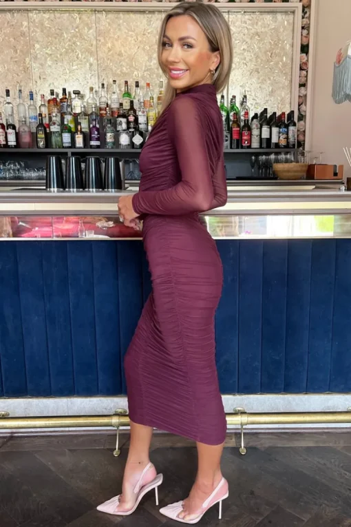 Plum High Neck Long Sleeve Ruched Bodycon Mesh Midi Dress