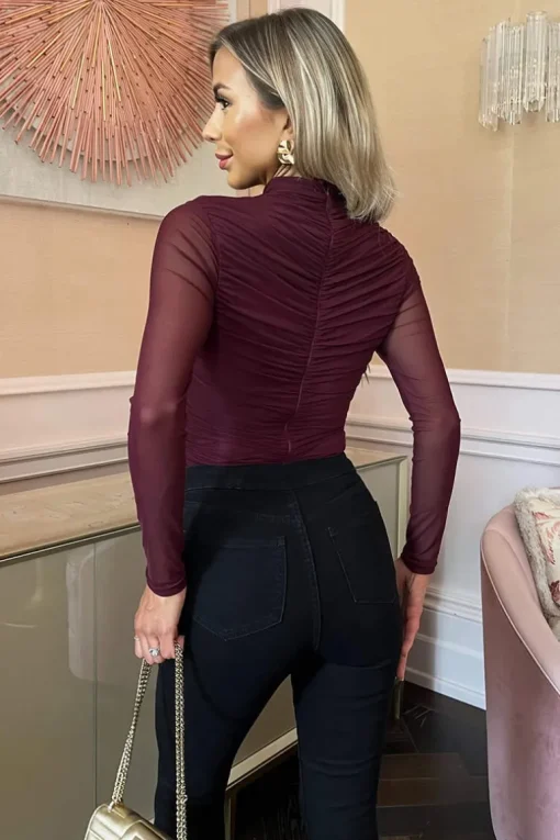 Plum High Neck Long Sleeve Ruched Mesh Bodysuit