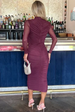 Plum High Neck Long Sleeve Ruched Bodycon Mesh Midi Dress