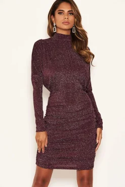 Plum High Neck Ruched Sparkle Dress