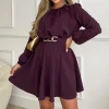 Plum Long Sleeve Belted Skater Dress