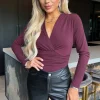 Plum Long Sleeve Drape Waist Wrap Bodysuit