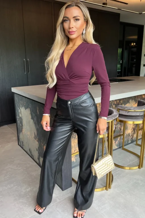 Plum Long Sleeve Drape Waist Wrap Bodysuit