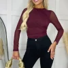 Plum Long Sleeve Pleat Detail Mesh Bodysuit