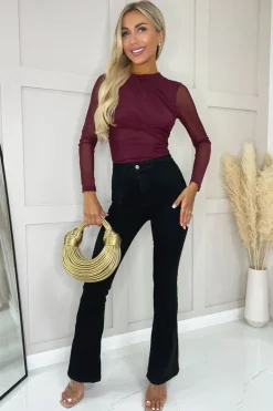 Plum Long Sleeve Pleat Detail Mesh Bodysuit