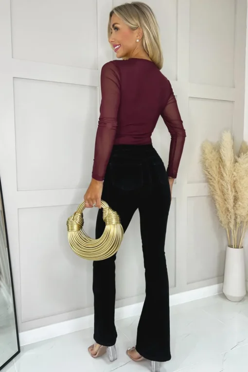 Plum Long Sleeve Pleat Detail Mesh Bodysuit