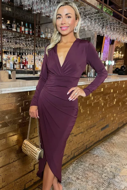 Plum Long Sleeve Wrap Midi Dress