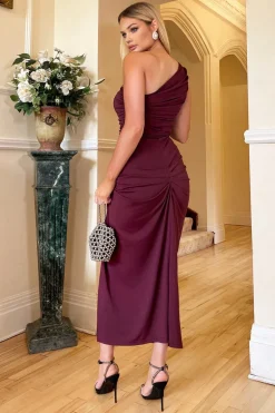 Plum One Shoulder Knot Skirt Midi Dress