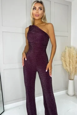 Plum One Shoulder Shimmer Jumpsuit