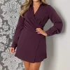 Plum Pleated Gathered Long Sleeve Mini Dress