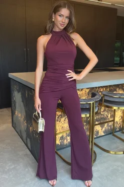 Plum Pleated Halter Neck Draped Waist Detail Jumpsuit