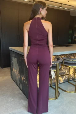 Plum Pleated Halter Neck Draped Waist Detail Jumpsuit